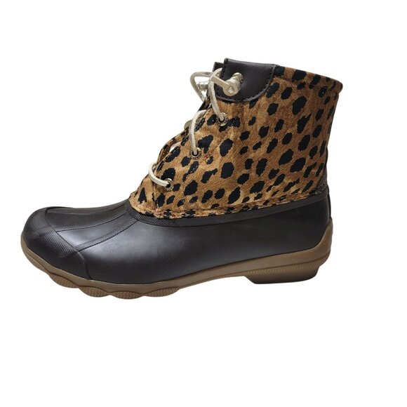Sperry Duck Boots Womens 8.5 All Weather Waterproof Saltwater Leopard Print - Picture 1 of 8